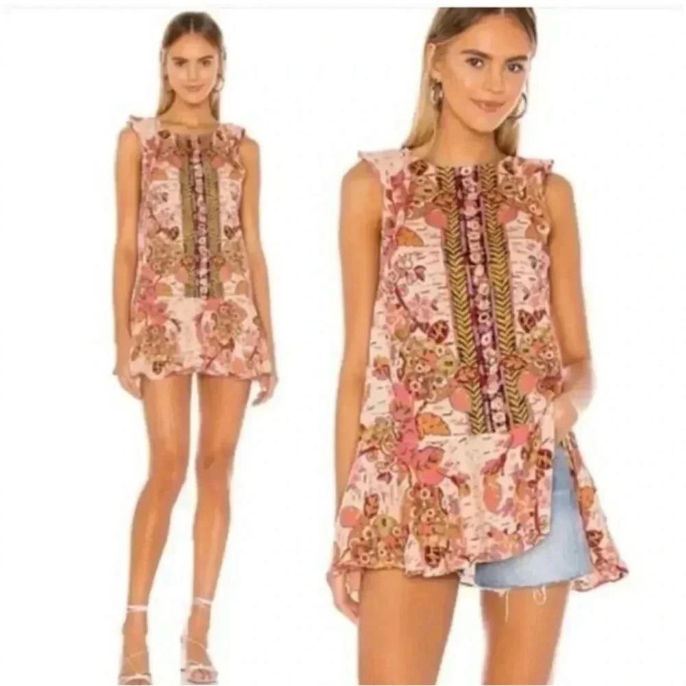Free People Floral Ruffle Hem Sleeveless Tunic - Pink Multi